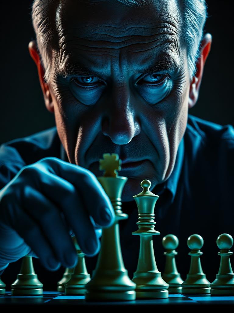 Retrato cinematográfico de El Cirujano, arquetipo psicológico de ajedrez en Noctis