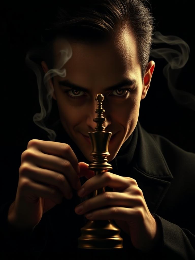 Retrato cinematográfico de El Ilusionista, arquetipo psicológico de ajedrez en Noctis